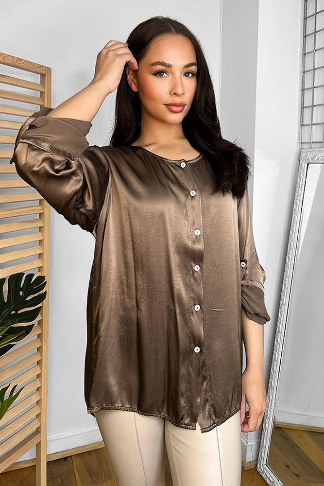 Roll Up Sleeves Button Front Blouse-SinglePrice