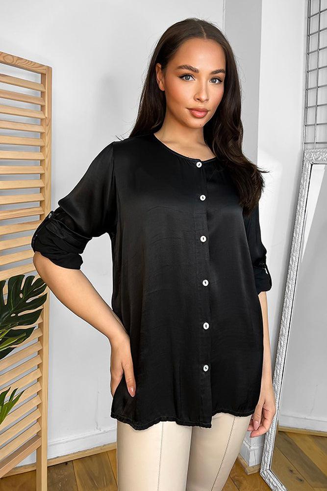 Roll Up Sleeves Button Front Blouse-SinglePrice
