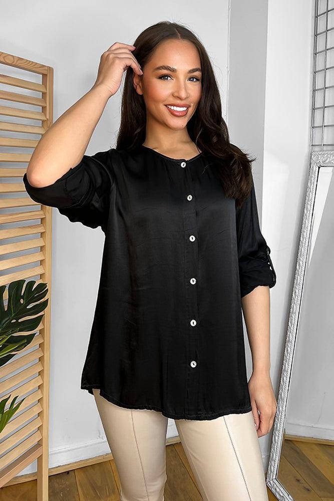 Roll Up Sleeves Button Front Blouse-SinglePrice