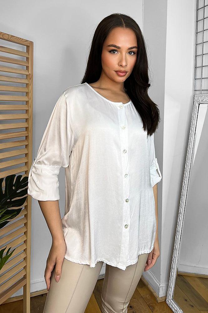 Roll Up Sleeves Button Front Blouse-SinglePrice