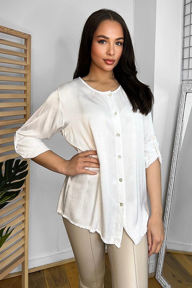 Roll Up Sleeves Button Front Blouse-SinglePrice