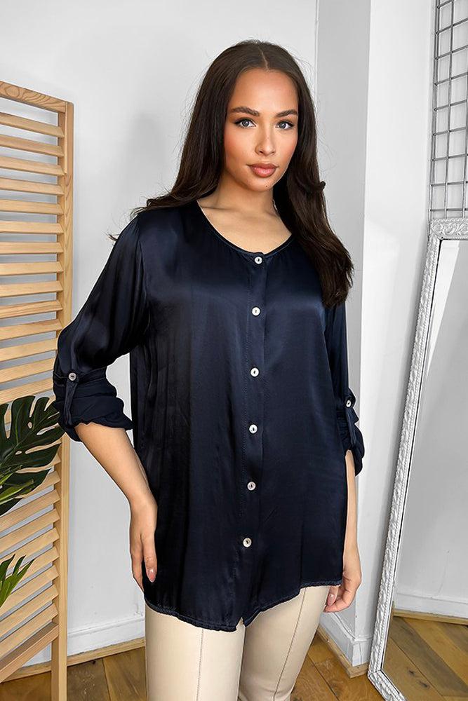 Roll Up Sleeves Button Front Blouse-SinglePrice