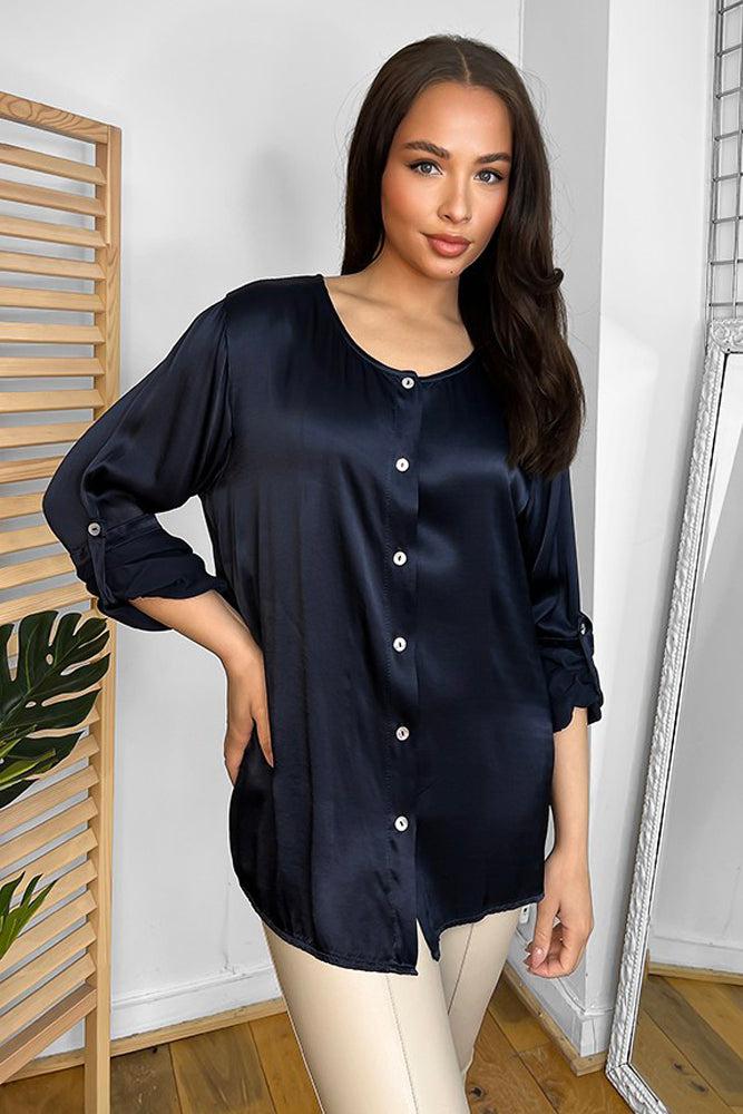 Roll Up Sleeves Button Front Blouse-SinglePrice