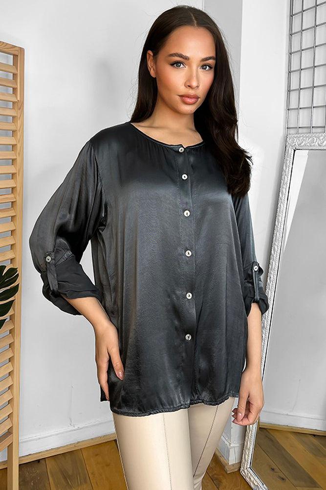 Roll Up Sleeves Button Front Blouse-SinglePrice