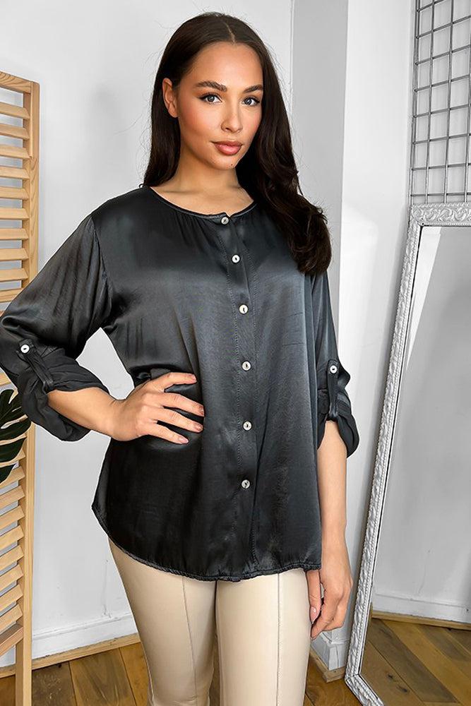 Roll Up Sleeves Button Front Blouse-SinglePrice
