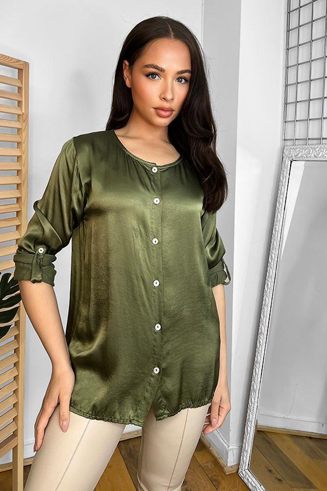 Roll Up Sleeves Button Front Blouse-SinglePrice