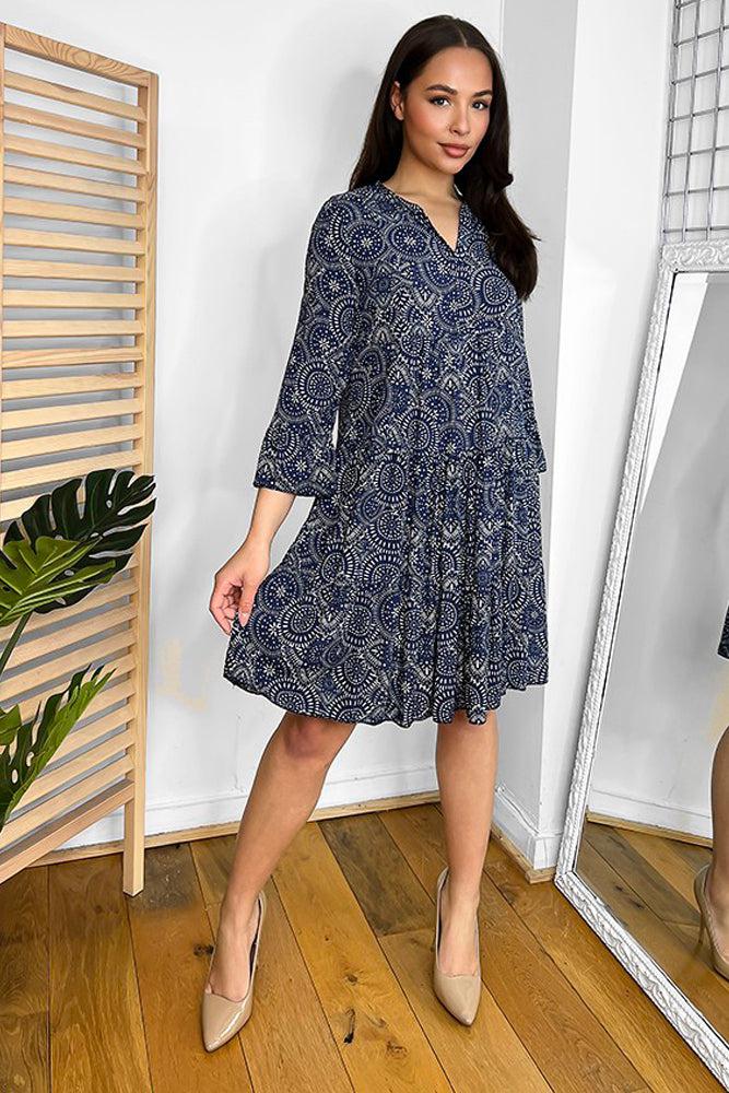 Lightweight Boho Print Chiffon V-Neck Tiered Dress-SinglePrice