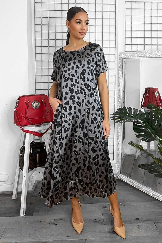 Dark Grey Leopard Crew Neck Satin Midi Dress-SinglePrice