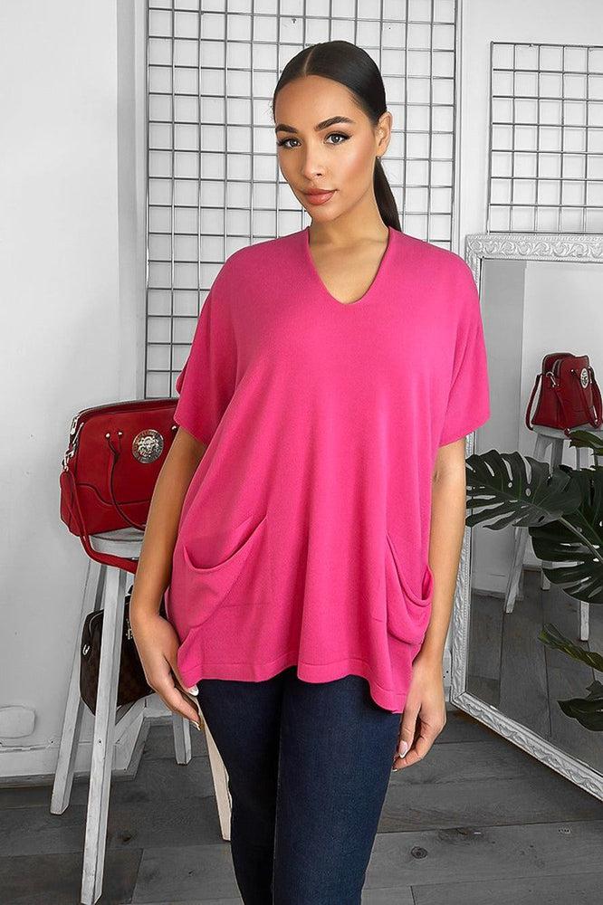 Fuchsia V-Neck Slip Pockets Lazy Fit Pullover-SinglePrice