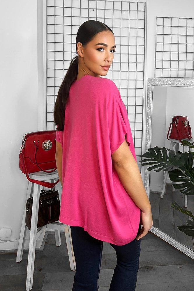 Fuchsia V-Neck Slip Pockets Lazy Fit Pullover-SinglePrice