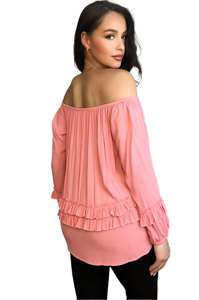Pink Frilled Details Off Shoulder Blouse-SinglePrice
