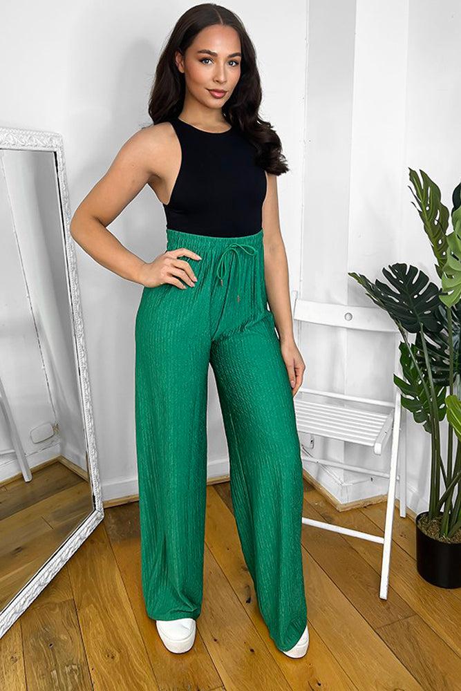 Elastic Drawstring Waist Wide Leg Plisse Trousers-SinglePrice
