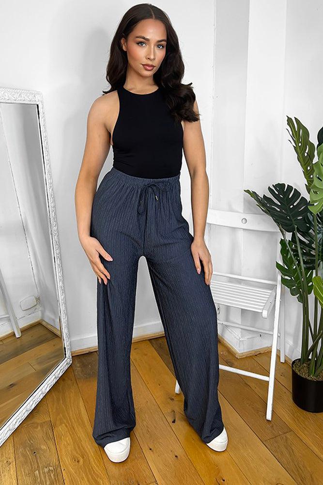 Elastic Drawstring Waist Wide Leg Plisse Trousers-SinglePrice
