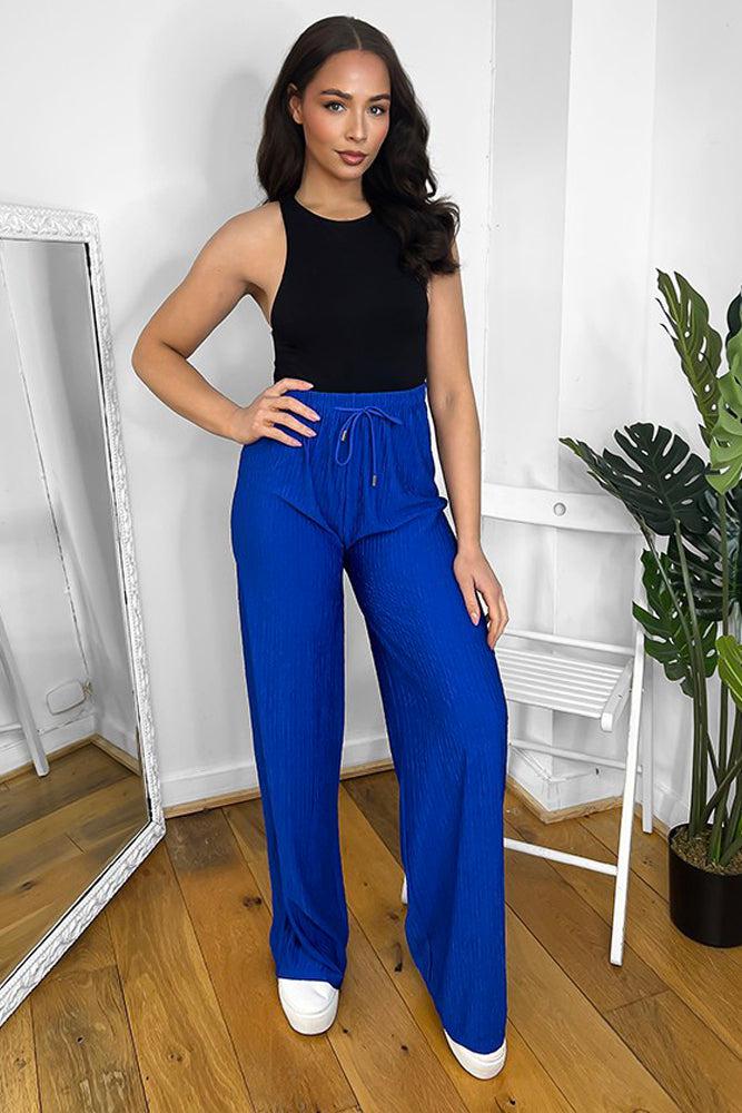 Elastic Drawstring Waist Wide Leg Plisse Trousers-SinglePrice