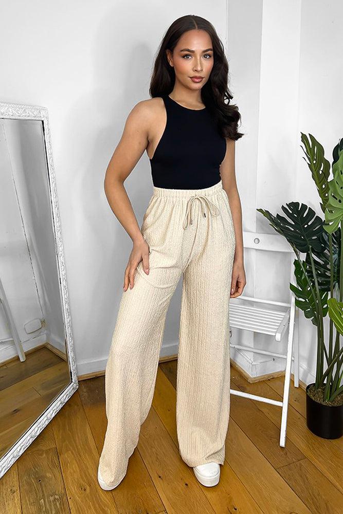 Elastic Drawstring Waist Wide Leg Plisse Trousers-SinglePrice