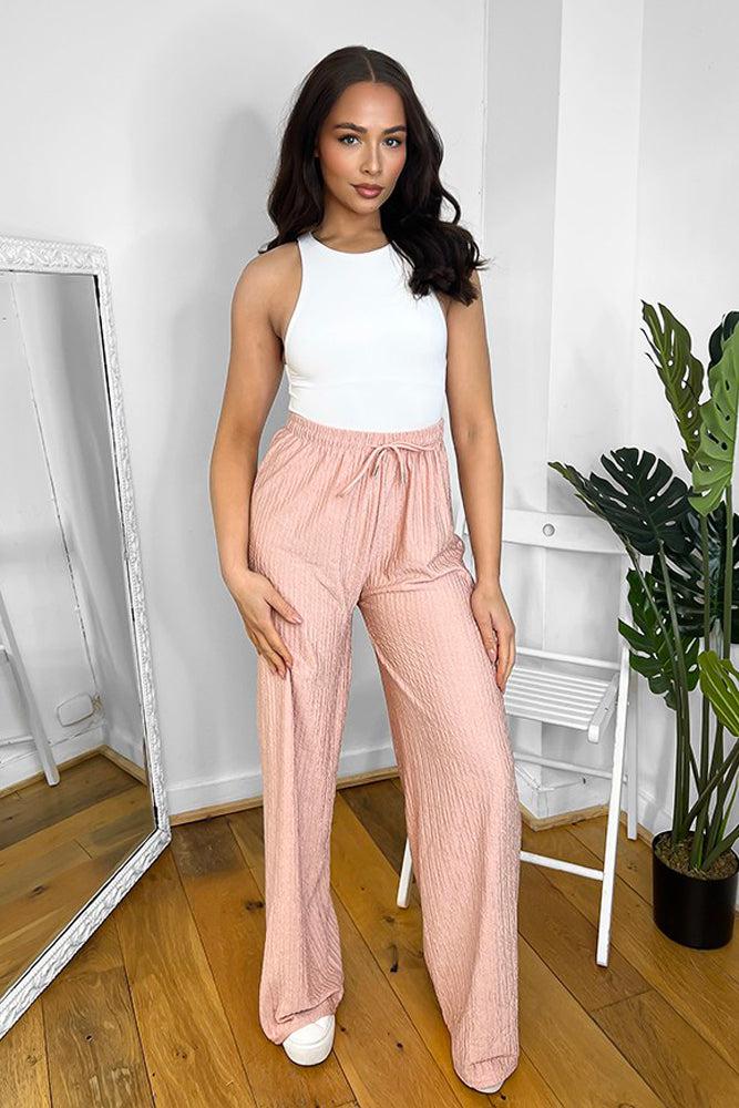 Elastic Drawstring Waist Wide Leg Plisse Trousers-SinglePrice