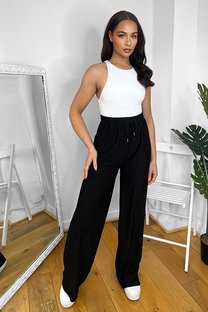 Elastic Drawstring Waist Wide Leg Plisse Trousers-SinglePrice