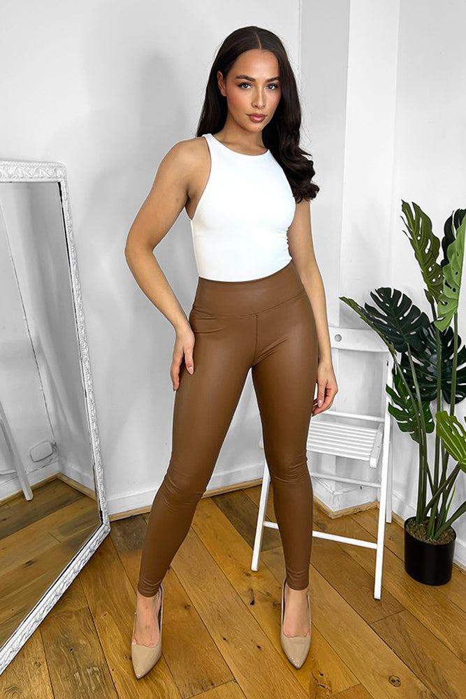 Brown Stretchy Vegan Leather High Waist Leggings-SinglePrice