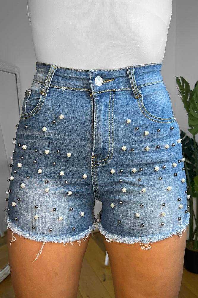 Cotton Blend Pearls Embellished Denim Shorts-SinglePrice