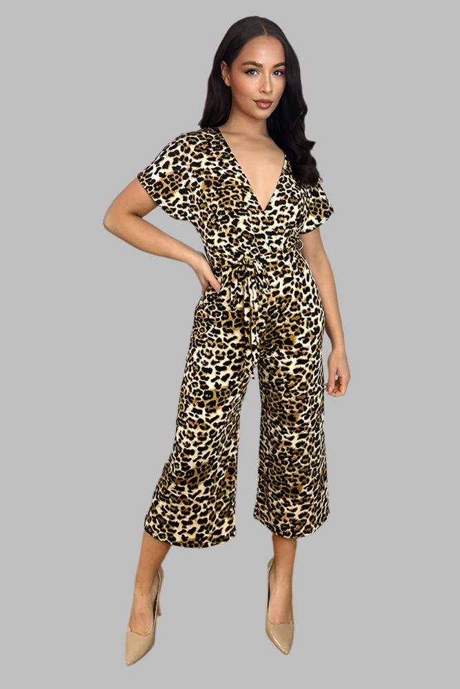 Leopard Print Deep V-Neck Cropped Leg Jumpsuit-SinglePrice