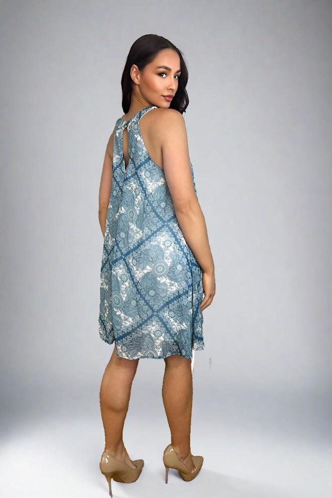 Soft Aqua Paisley Print Sleeveless Dress-SinglePrice