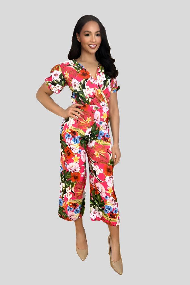 Multicolour Floral Print Deep V- Neck Cropped Leg Jumpsuit-SinglePrice