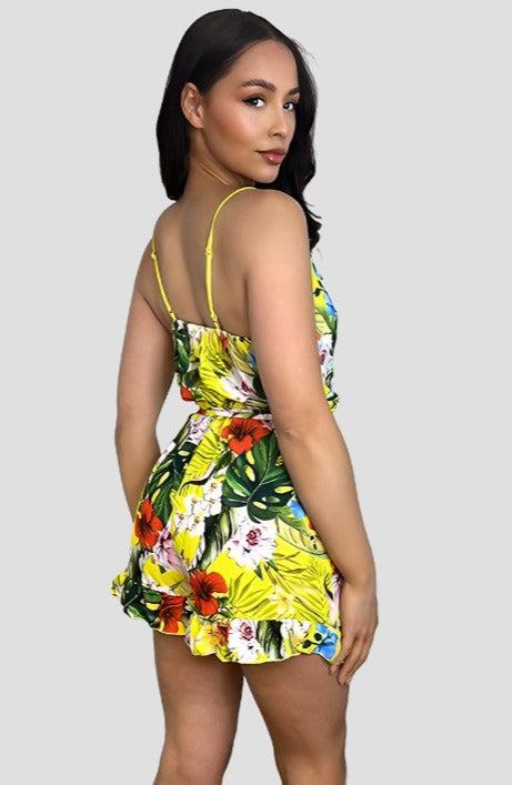 Yellow Floral Print Frilled Hem Playsuit-SinglePrice