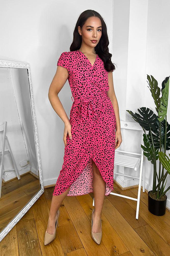 Fuchsia Dotted Print Deep V-Neck Midi Dress-SinglePrice