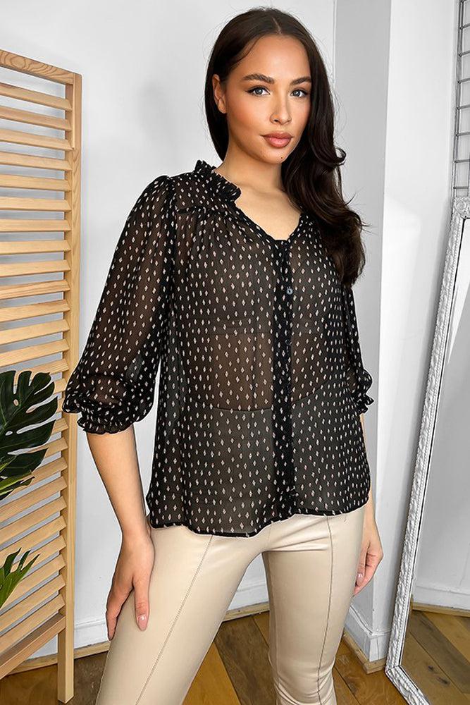 Black Sheer Organza V-Neck Blouse-SinglePrice