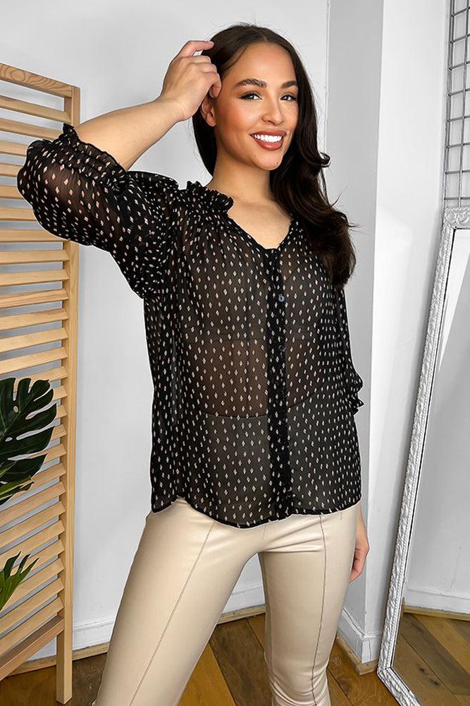 Black Sheer Organza V-Neck Blouse-SinglePrice