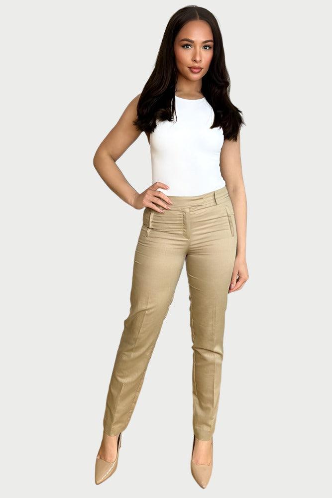 Beige Linen Cotton Blend Smart Trousers-SinglePrice