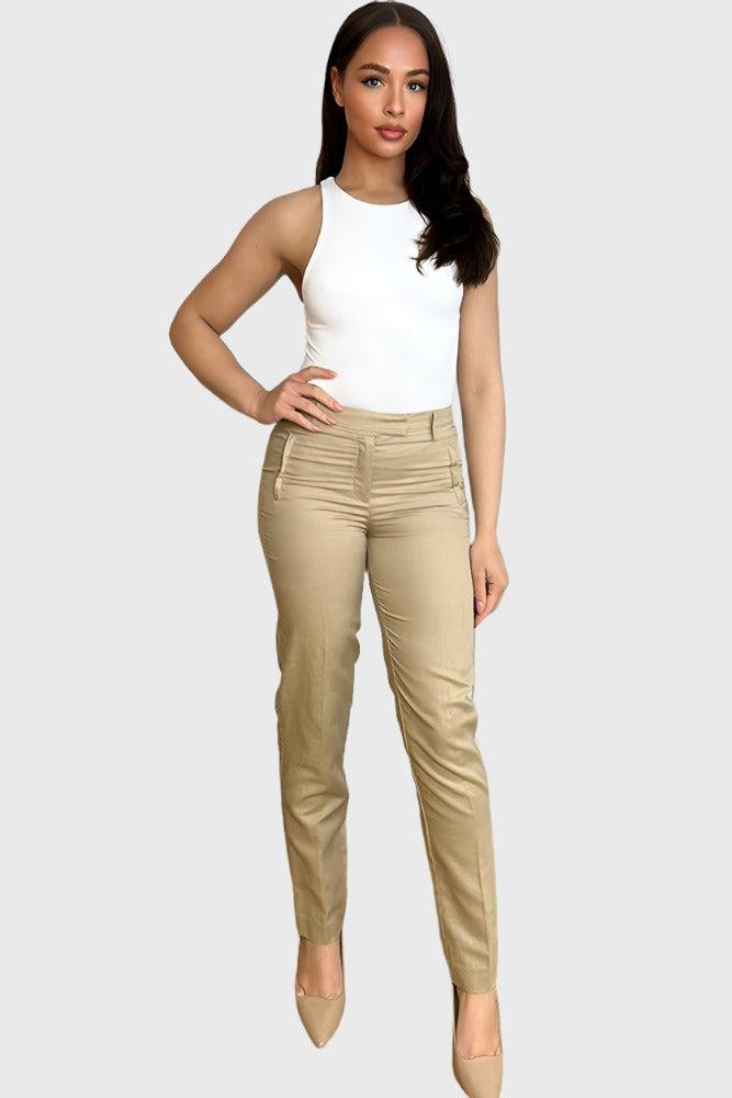 Beige Linen Cotton Blend Smart Trousers-SinglePrice