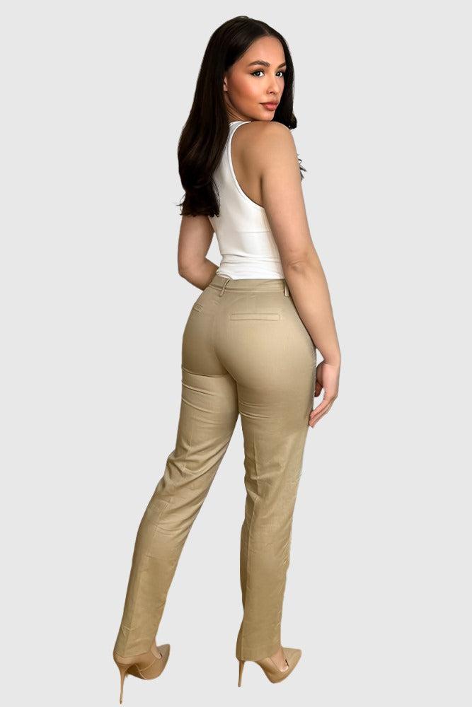 Beige Linen Cotton Blend Smart Trousers-SinglePrice