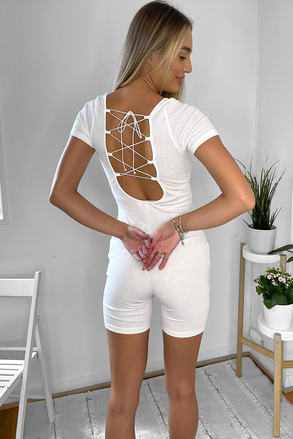 White Cross Lace Back Onesie Playsuit-SinglePrice