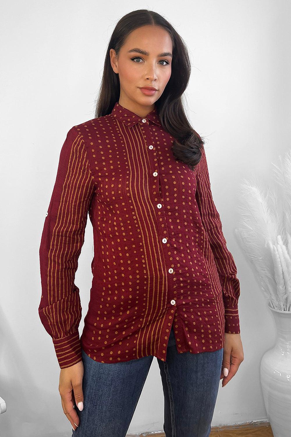 Dark Red In Stripes And Dots Cotton Shirt-SinglePrice