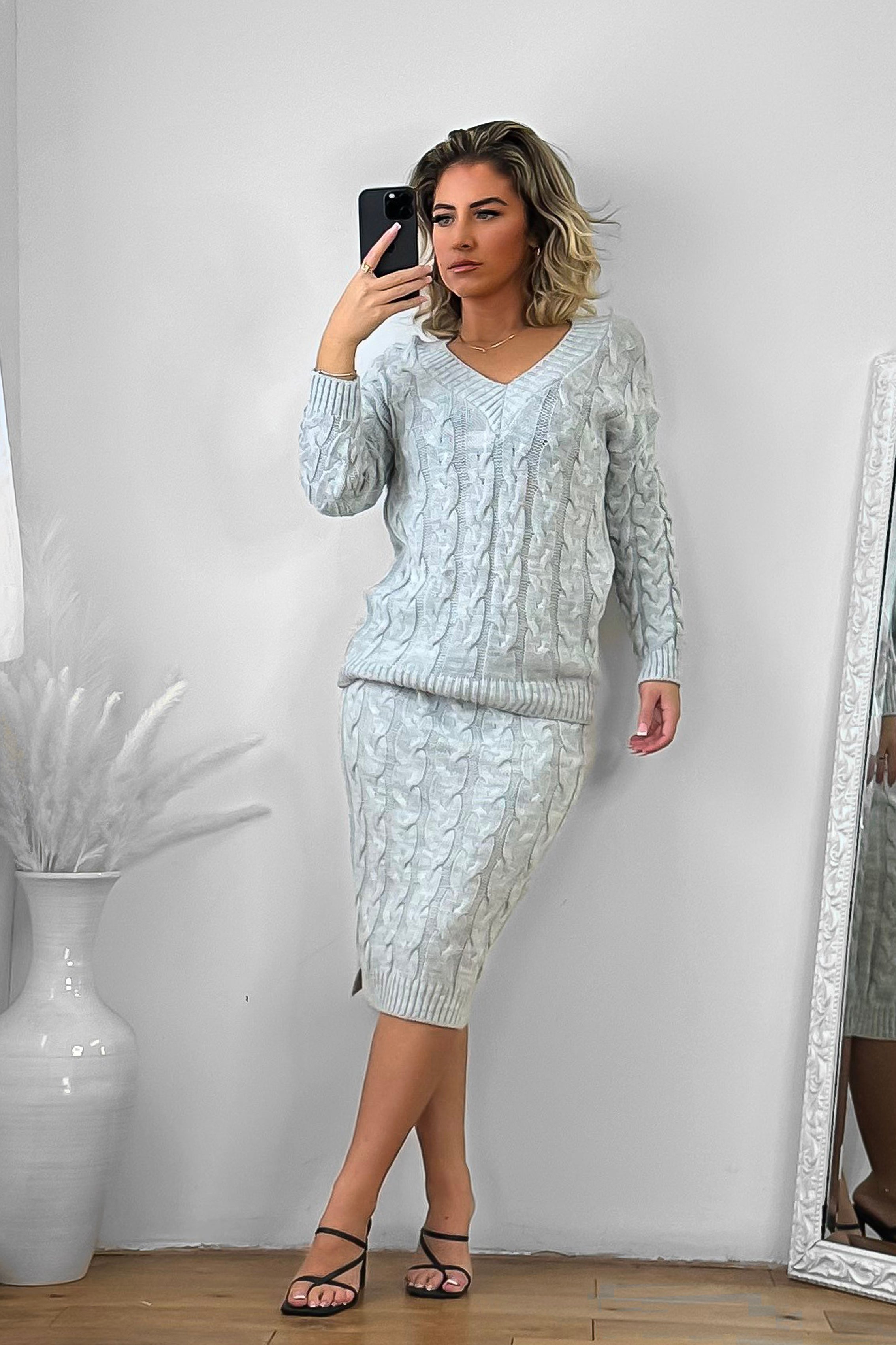 Braided Knit Skirt And Pullover Set-SinglePrice