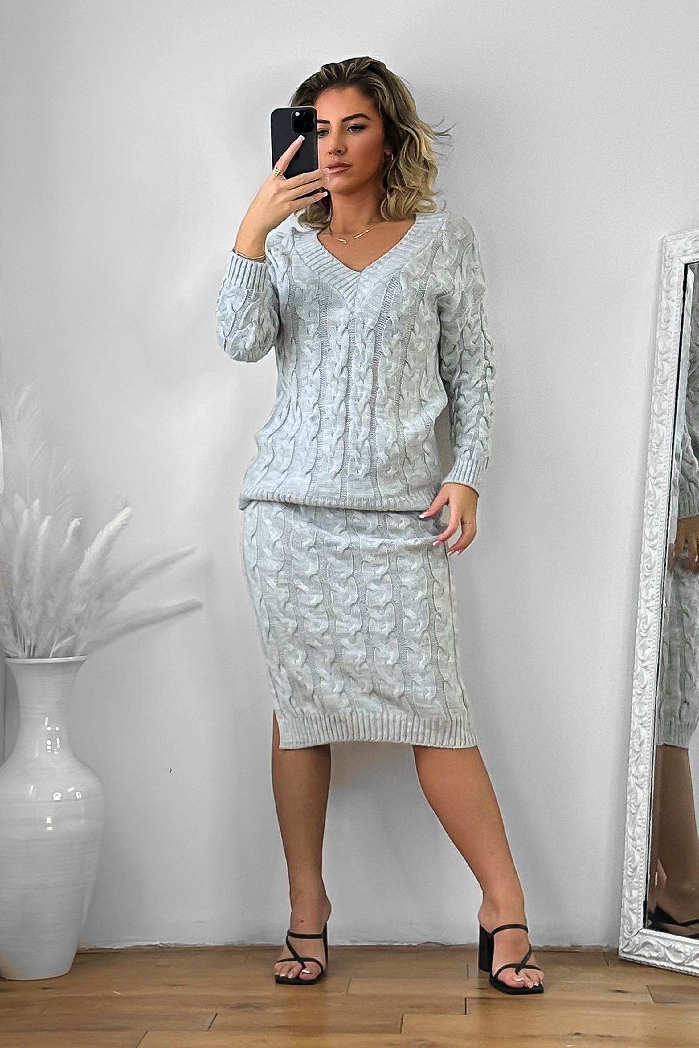 Braided Knit Skirt And Pullover Set-SinglePrice
