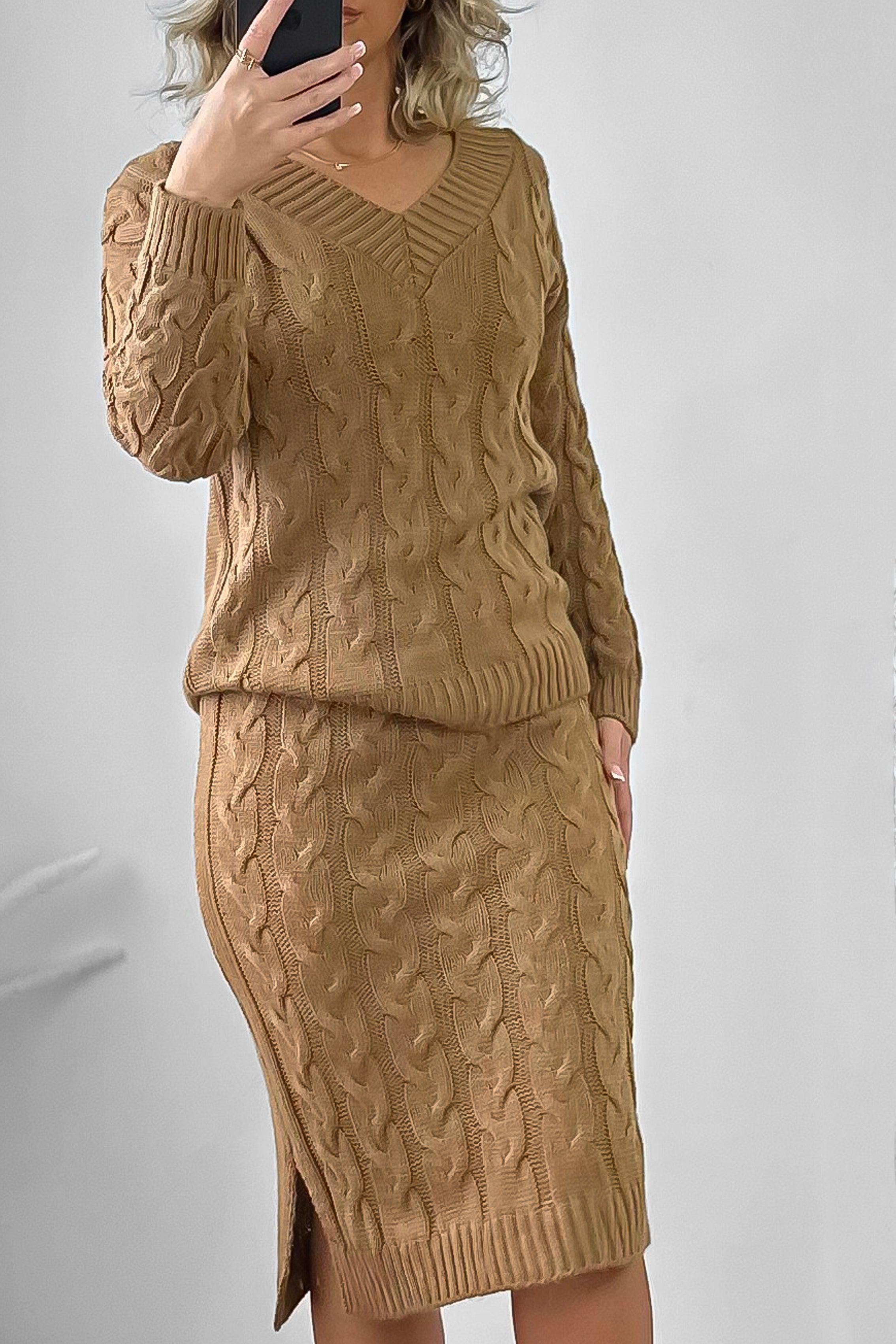 Braided Knit Skirt And Pullover Set-SinglePrice