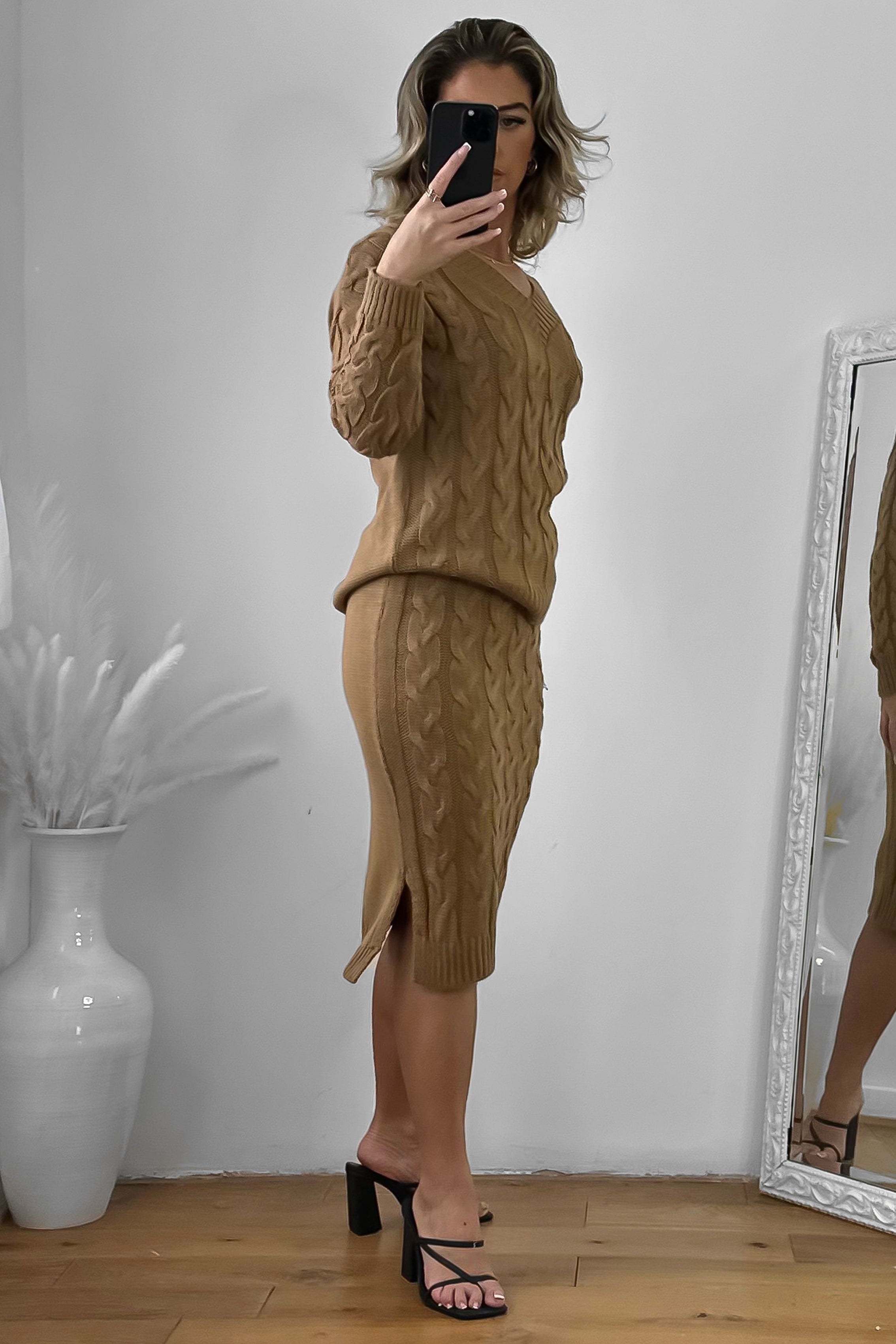 Braided Knit Skirt And Pullover Set-SinglePrice