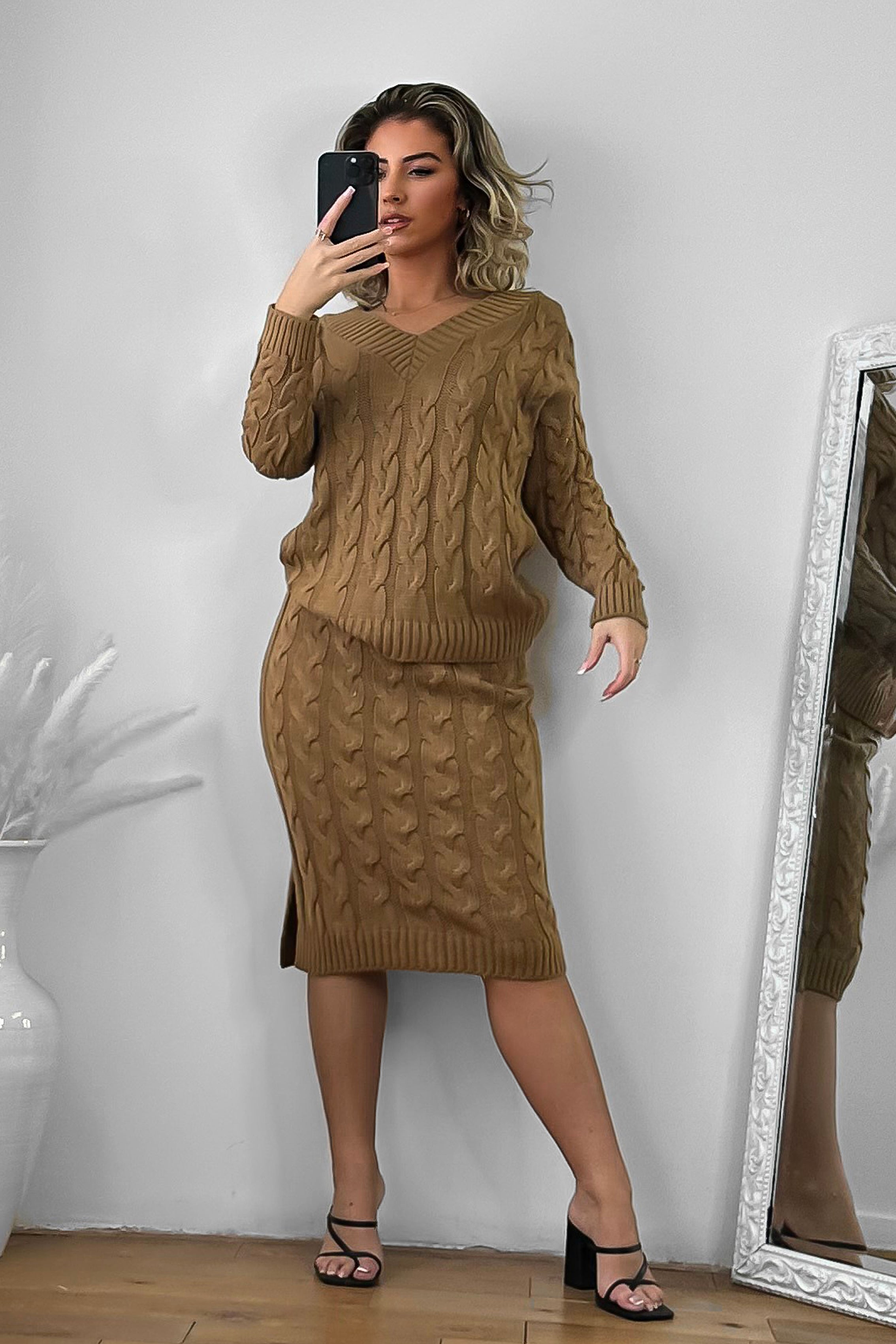Braided Knit Skirt And Pullover Set-SinglePrice
