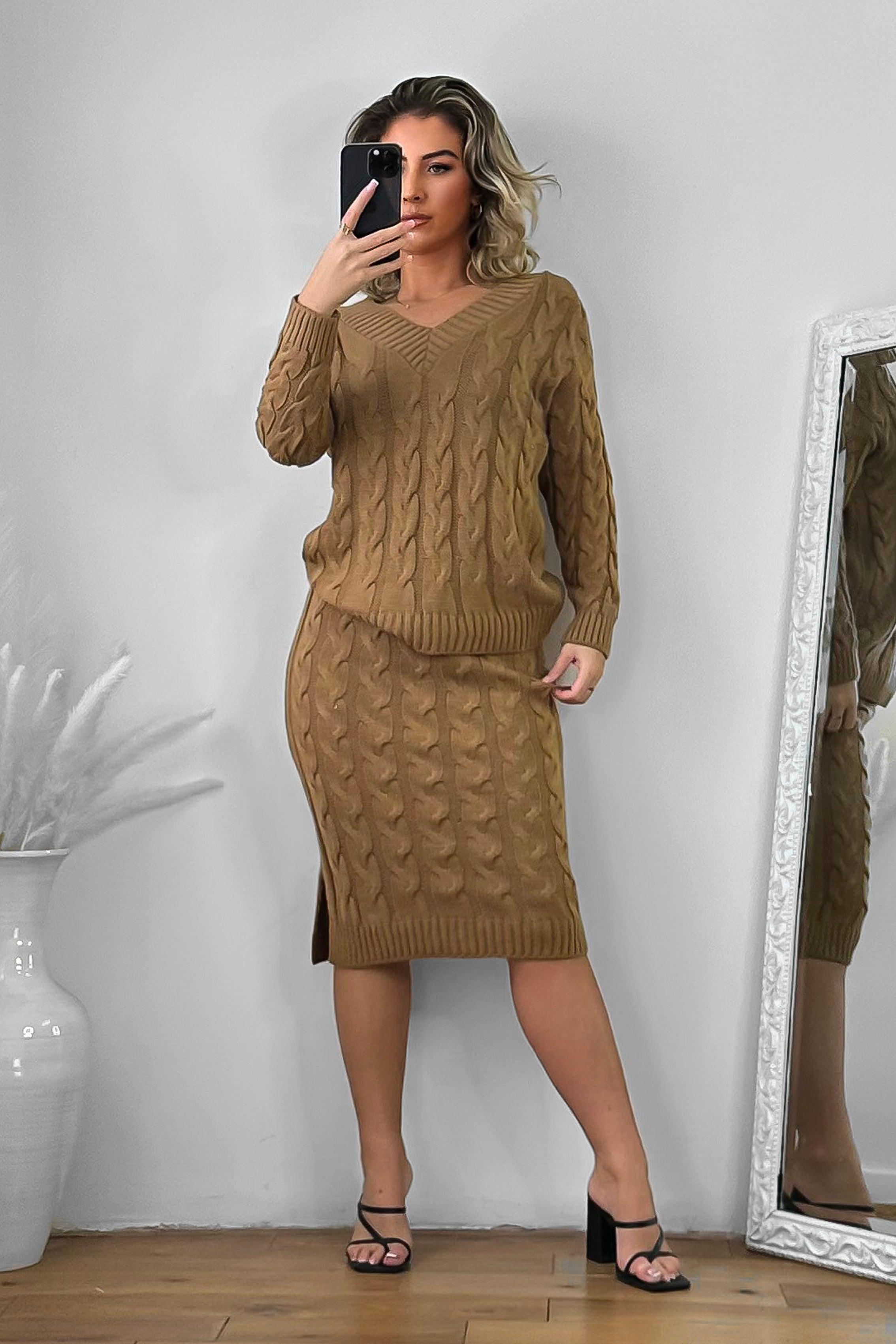 Braided Knit Skirt And Pullover Set-SinglePrice