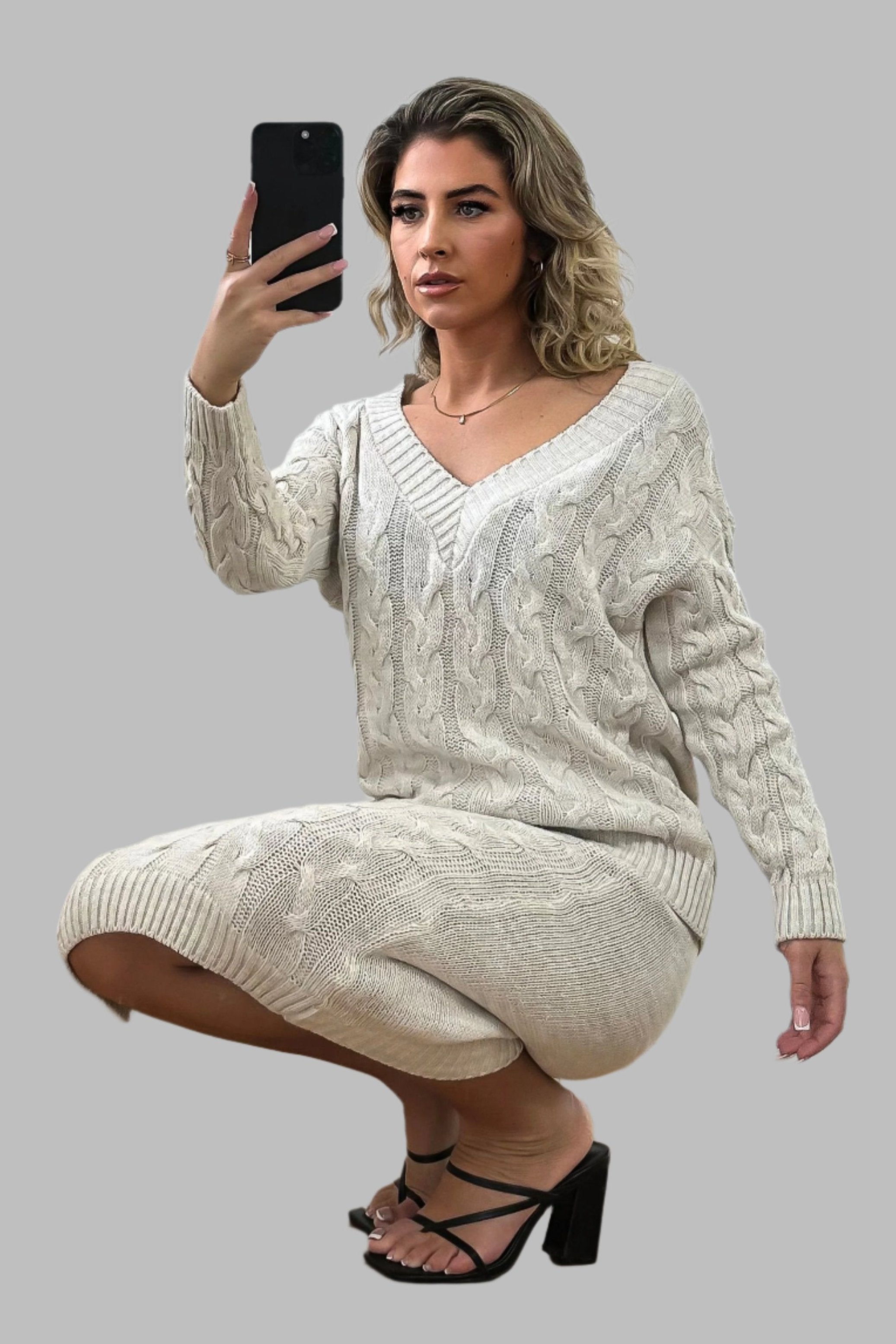 Braided Knit Skirt And Pullover Set-SinglePrice