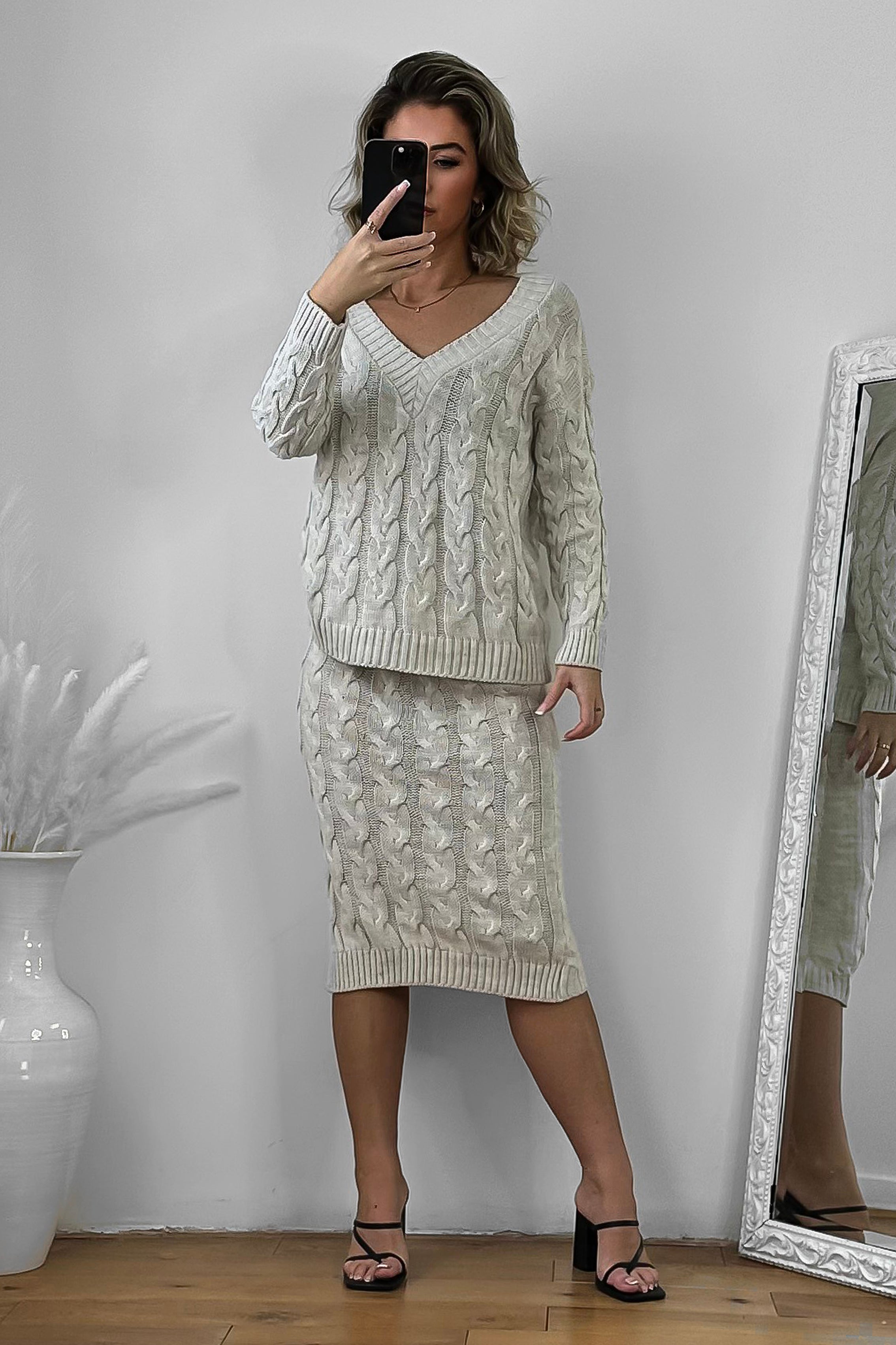 Braided Knit Skirt And Pullover Set-SinglePrice