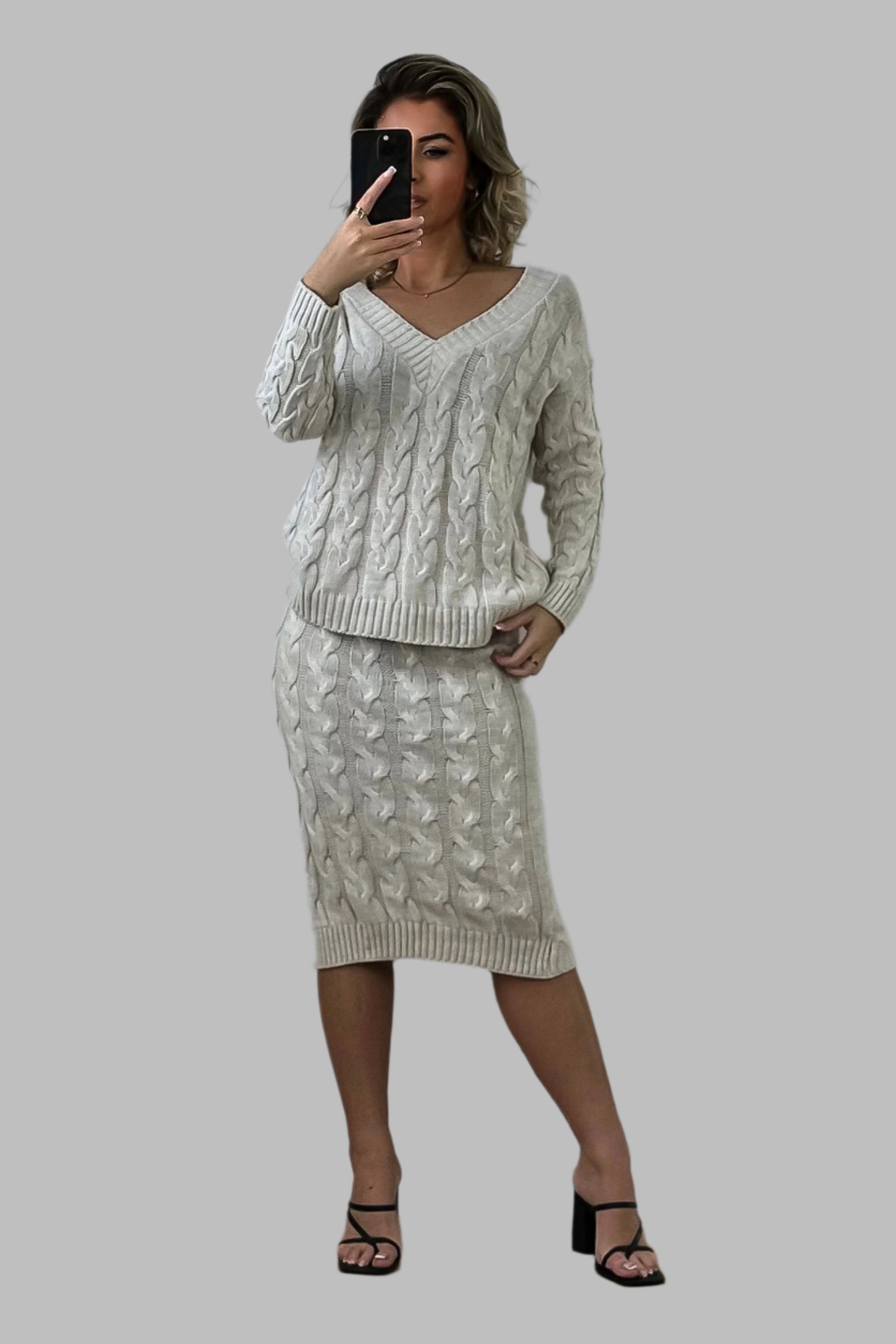 Braided Knit Skirt And Pullover Set-SinglePrice