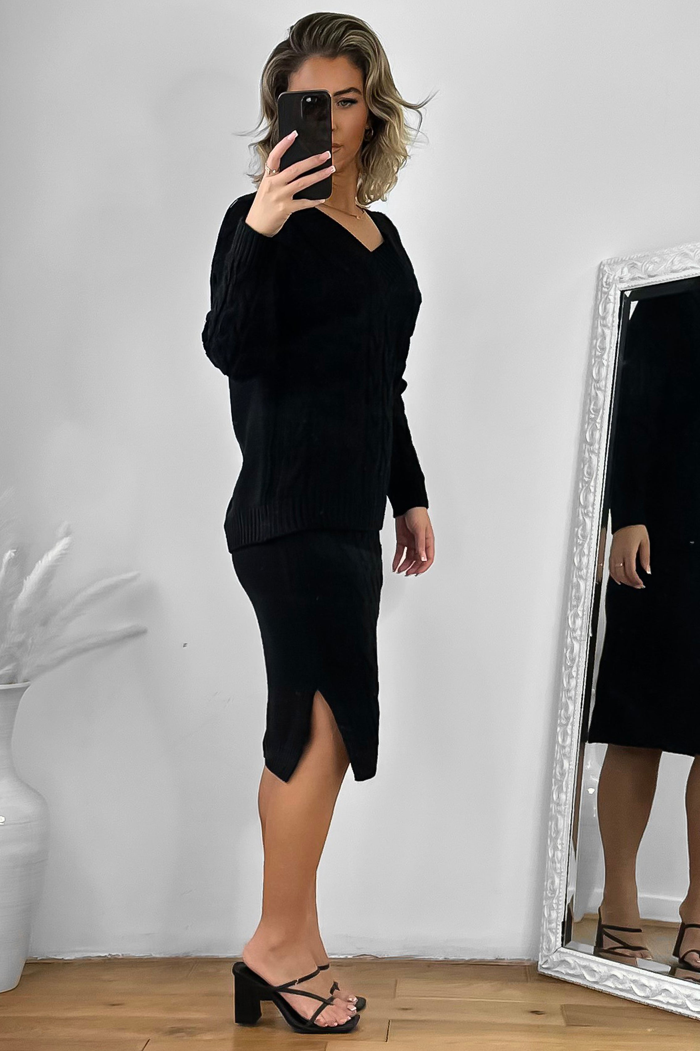 Braided Knit Skirt And Pullover Set-SinglePrice