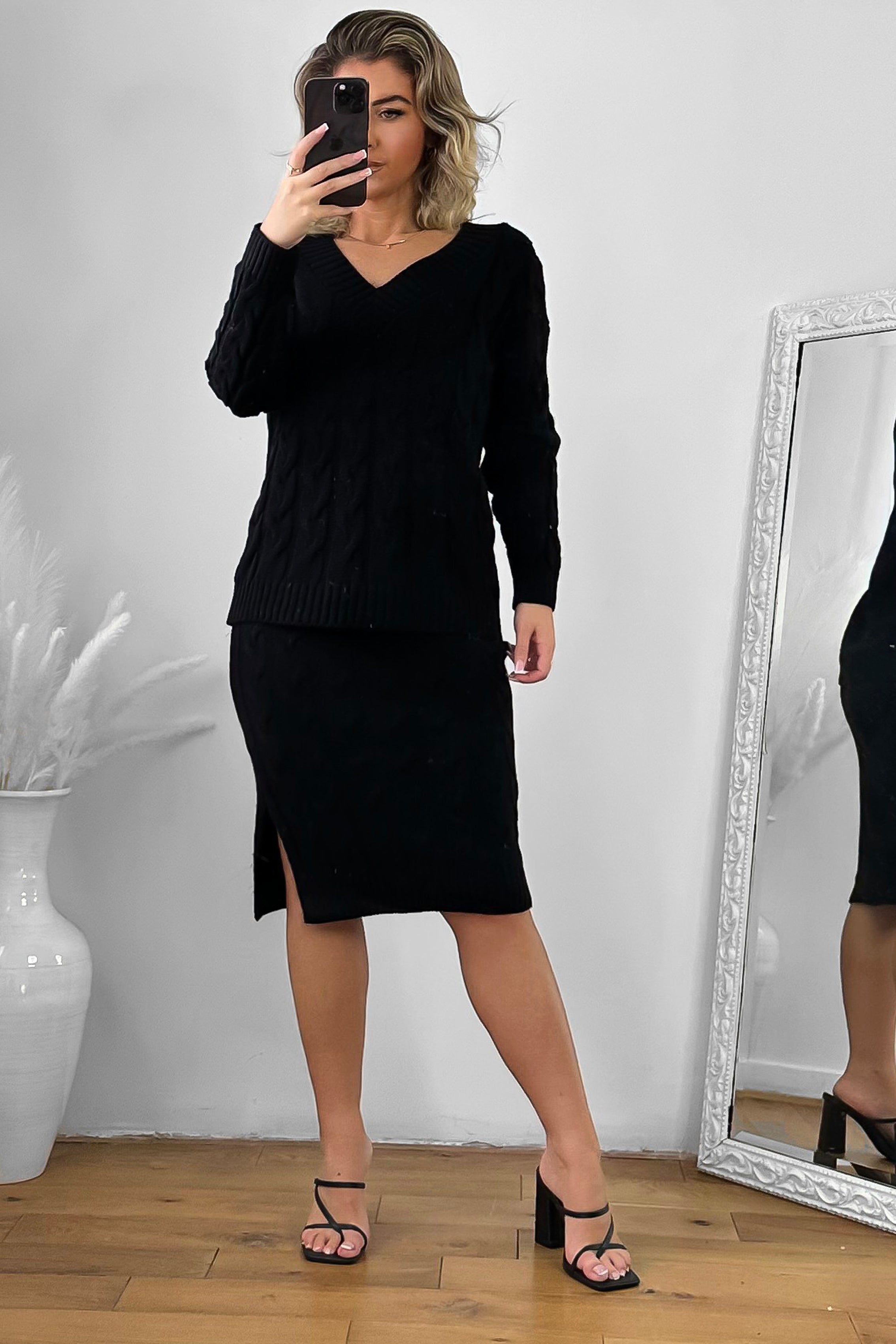Braided Knit Skirt And Pullover Set-SinglePrice