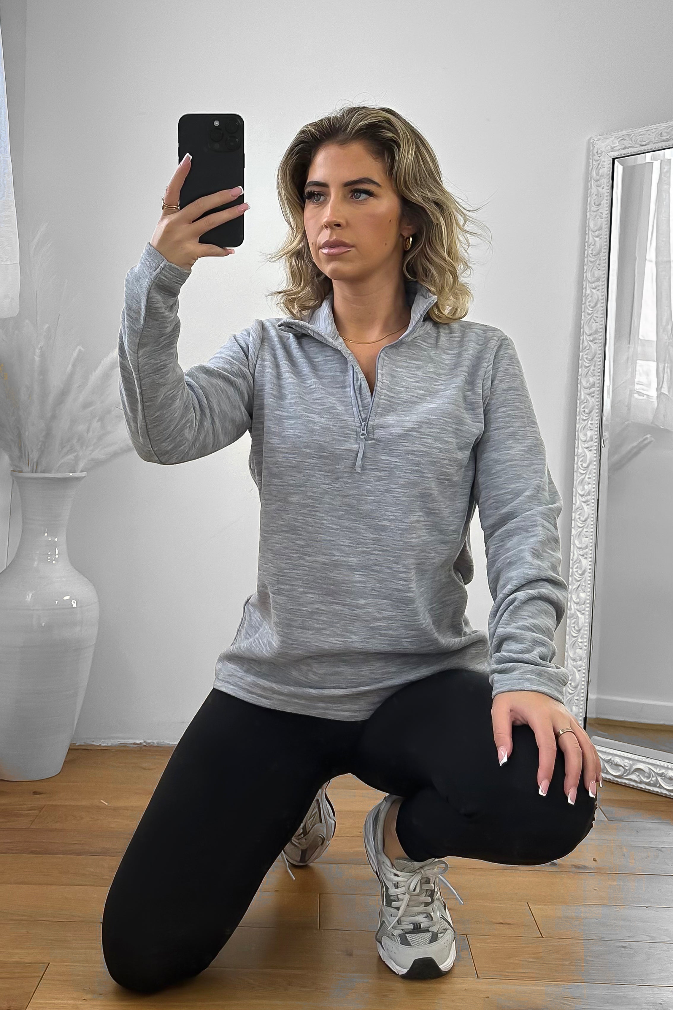 High Zipped Neck Melange Sportswear Top-SinglePrice