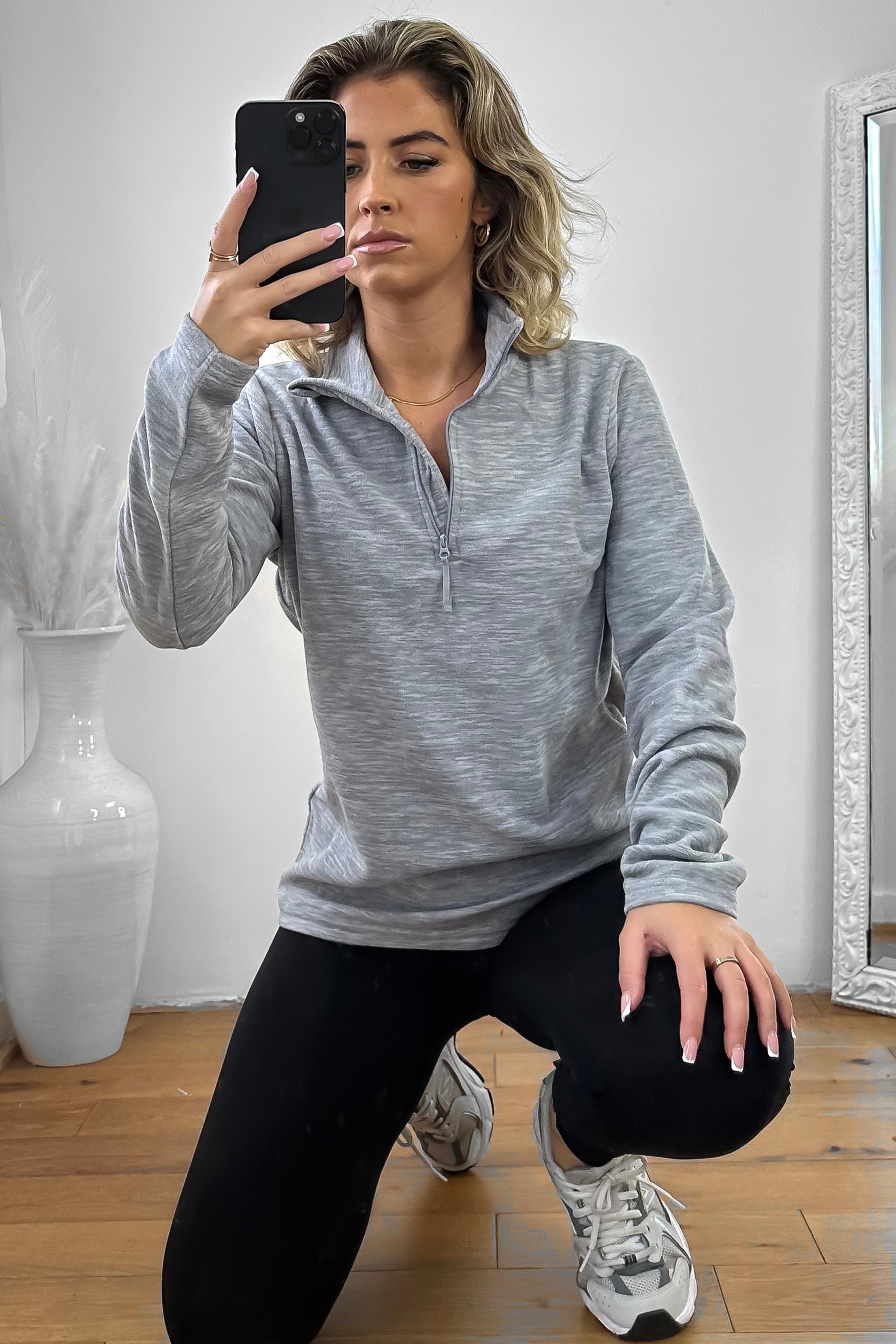 High Zipped Neck Melange Sportswear Top-SinglePrice