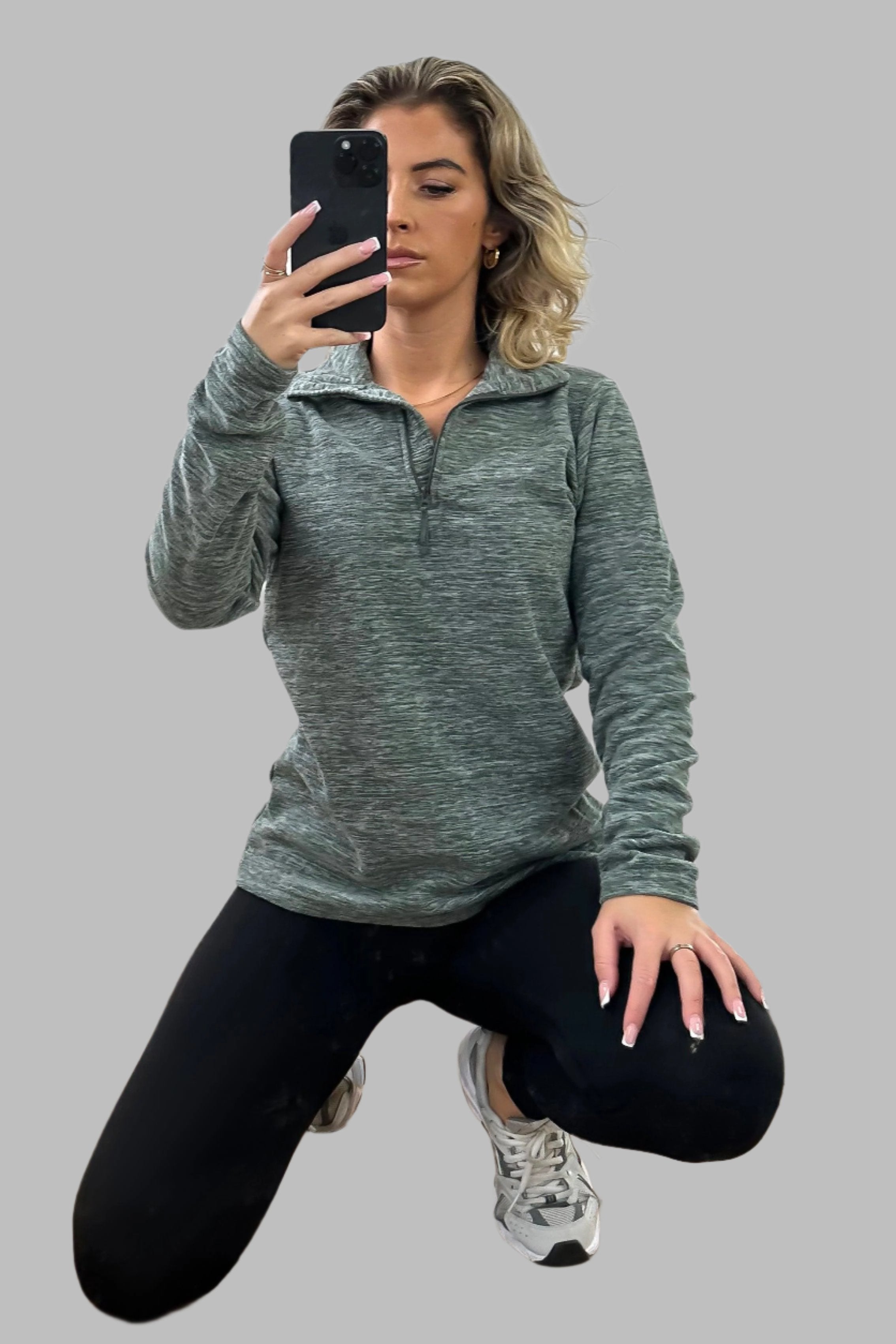 High Zipped Neck Melange Sportswear Top-SinglePrice