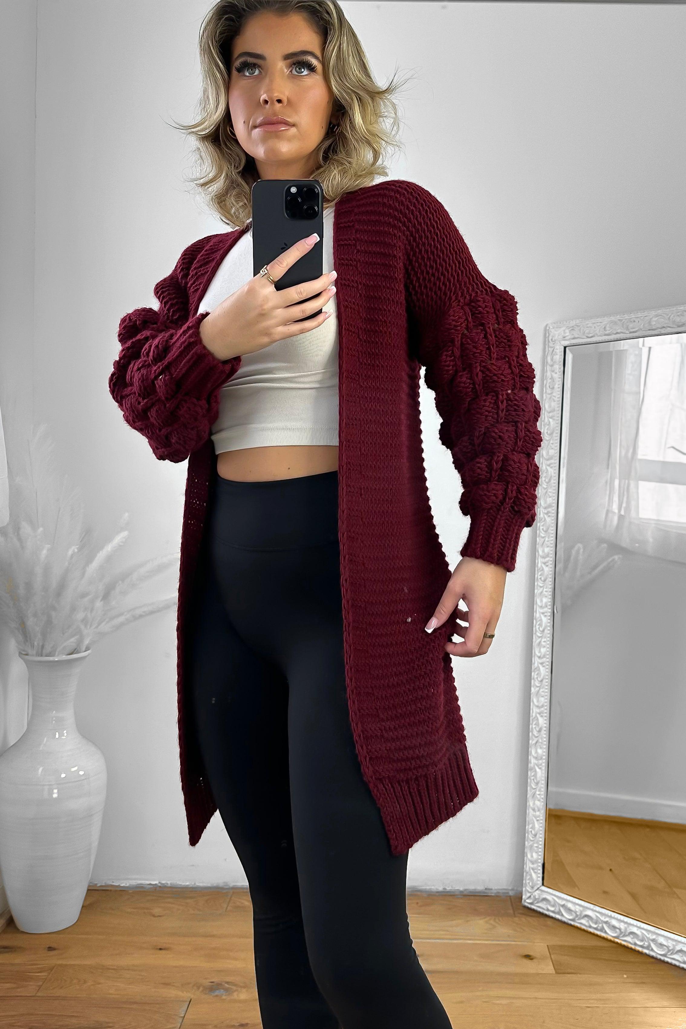 Bubble Knit Sleeves Open Midi Cardigan-SinglePrice
